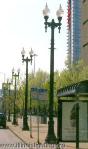 Torch-style streetlights in downtown Chicago.