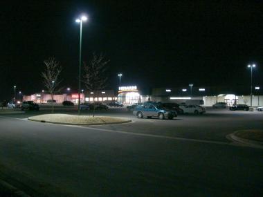 Mall parking lot with shielded light fixtures.